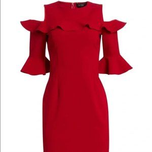 Women’s Rickie Freeman Teri Jon Cocktail Dress Red 4 Open Shoulders Ruffle Cuff